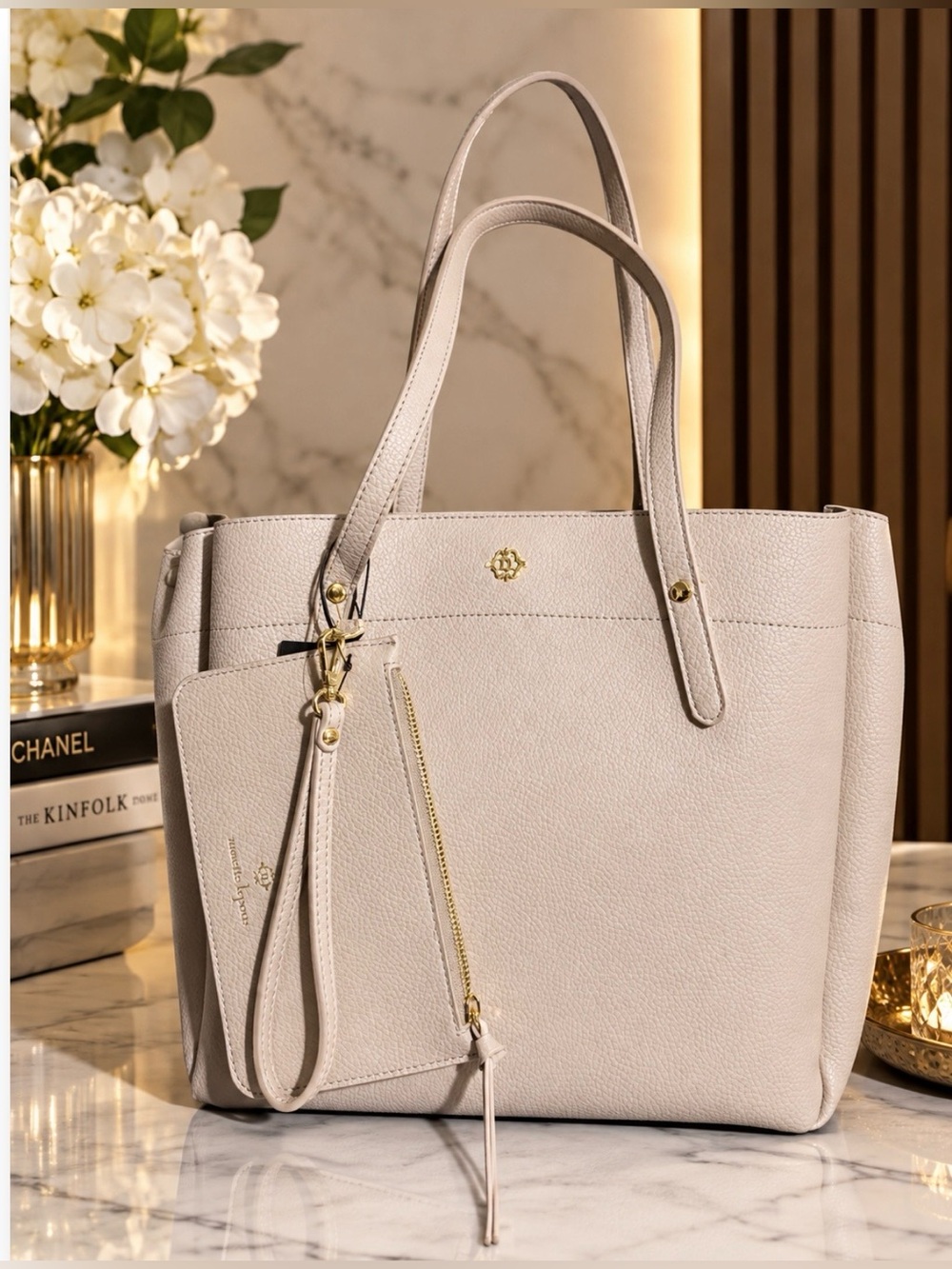 Nanette Lepore Pebbled Leather Tote in Light Beige with Gold Accents